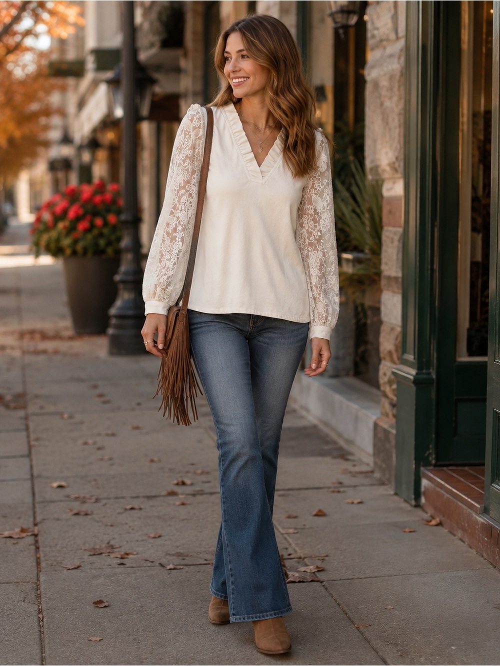 VOY Ivory Floral Lace Sleeve Blouse Size Small Romantic Boho Ruffle V-Neck